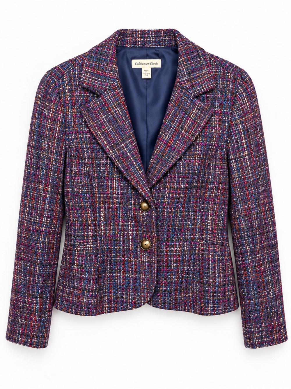 Coldwater Creek Women’s Blazer P16 Petite Multicolor Tweed Jacket Navy Purple